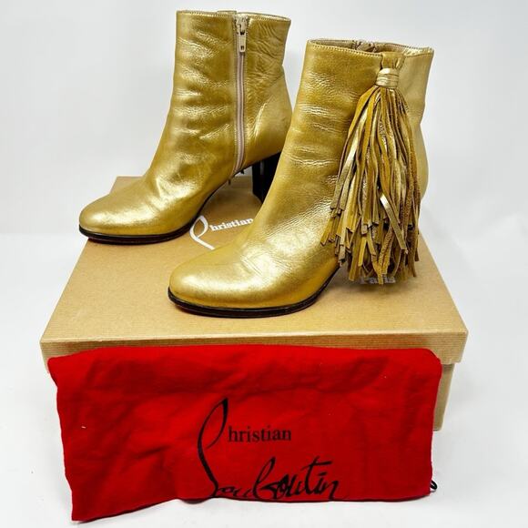 Christian Louboutin Jimmynetta Fringe Gold Leather Ankle Boots Size 36.5 - Picture 2 of 12